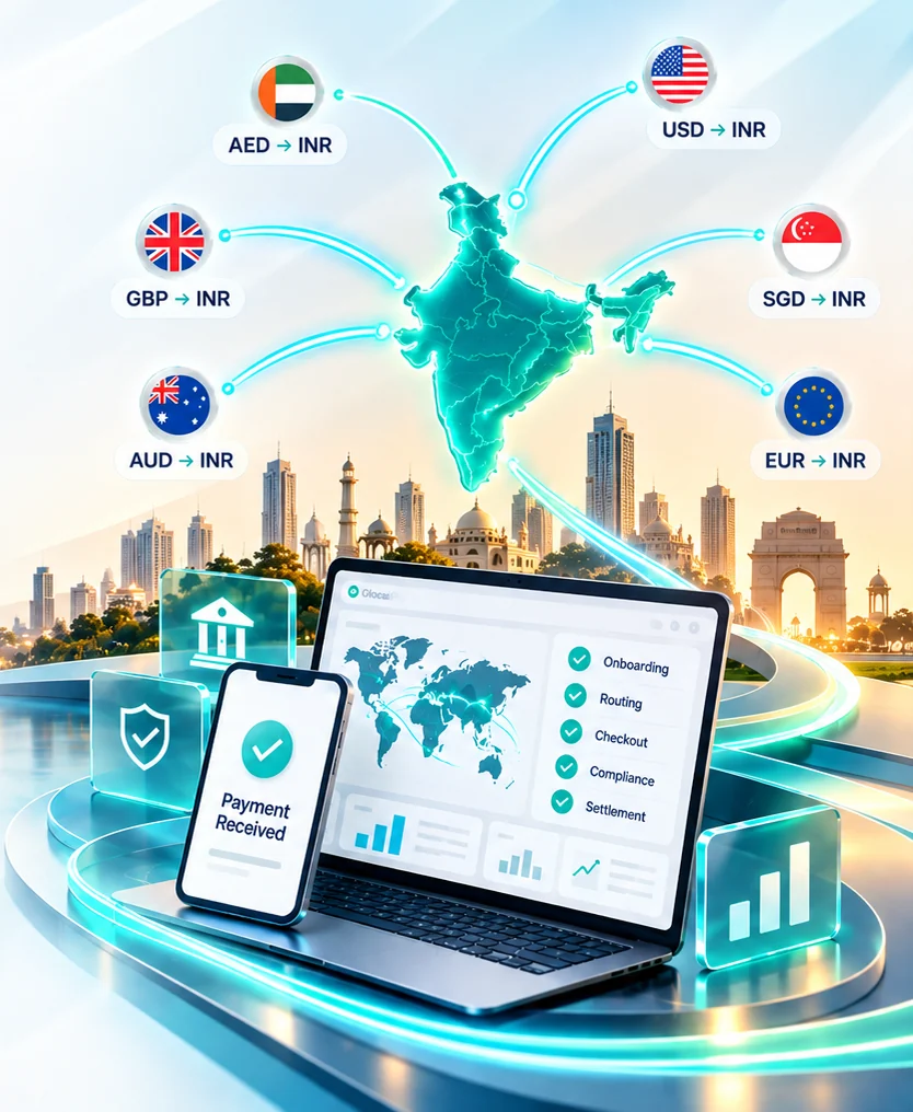 Payments in AED, USD, GBP, SGD, AUD and EUR converging on India, with a GlocalPe dashboard tracking onboarding, routing, checkout, compliance and settlement
